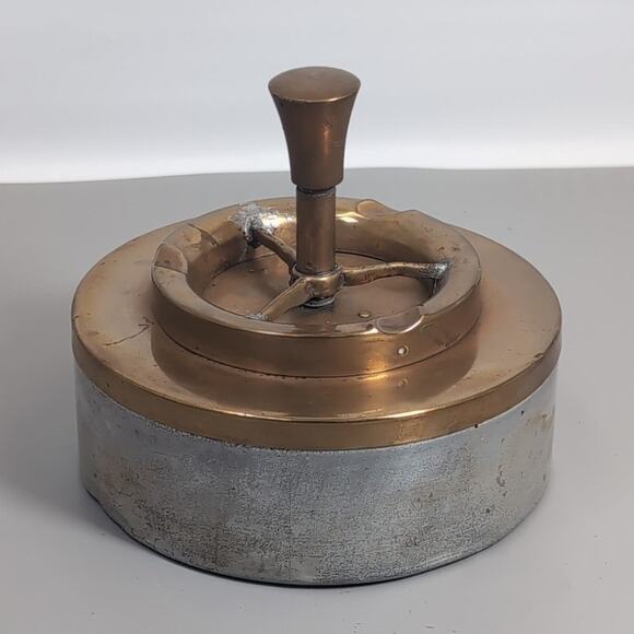 Vintage Brass Ashtray Spin-A-Way Push Down Disposal MCM 1950s Spinning Copper - Picture 2 of 10